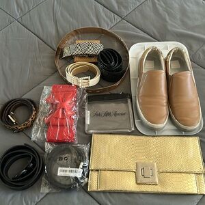 Accessories lot, belts, clutch, Saks pouch, and Dolce Vita slides